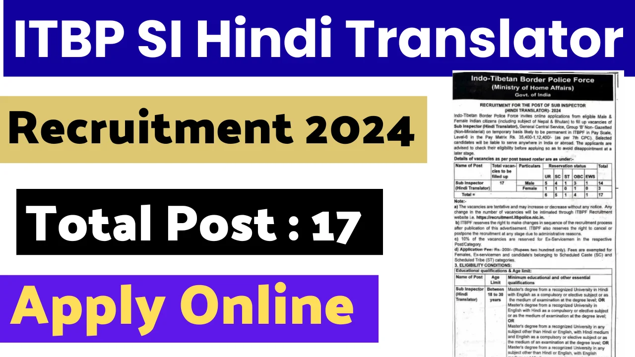 ITBP SI Hindi Translator Recruitment 2024:  How to Apply Online, For 17 Posts