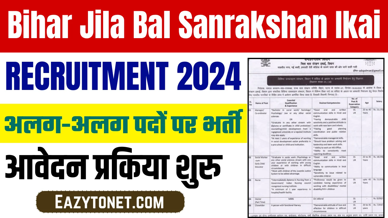 Bihar Jila Bal Sanrakshan Ikai Vacancy 2024: जिला बाल संरक्षण इकाई में  चौकीदार एवं अन्य पदों पर भर्ती, ऐसे करे आवेदन