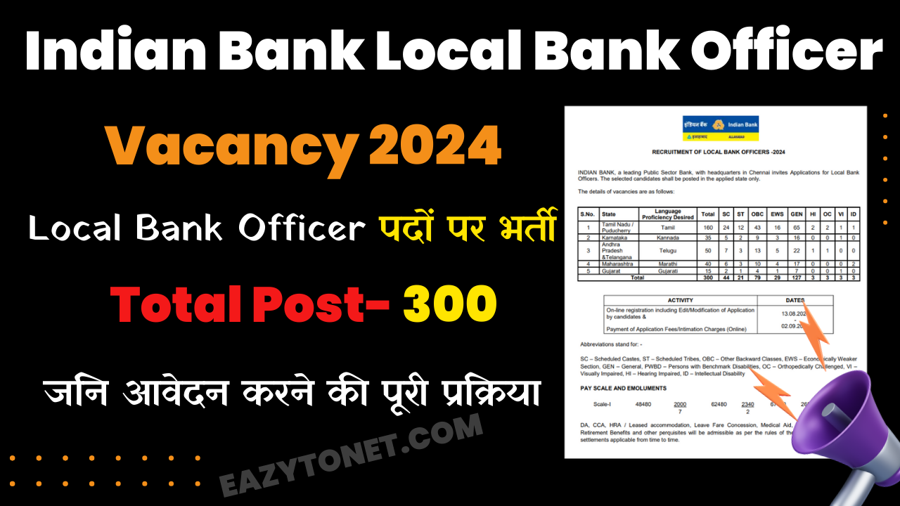 Indian Bank Local Bank Officer Vacancy 2024: Apply Online for 300 Post