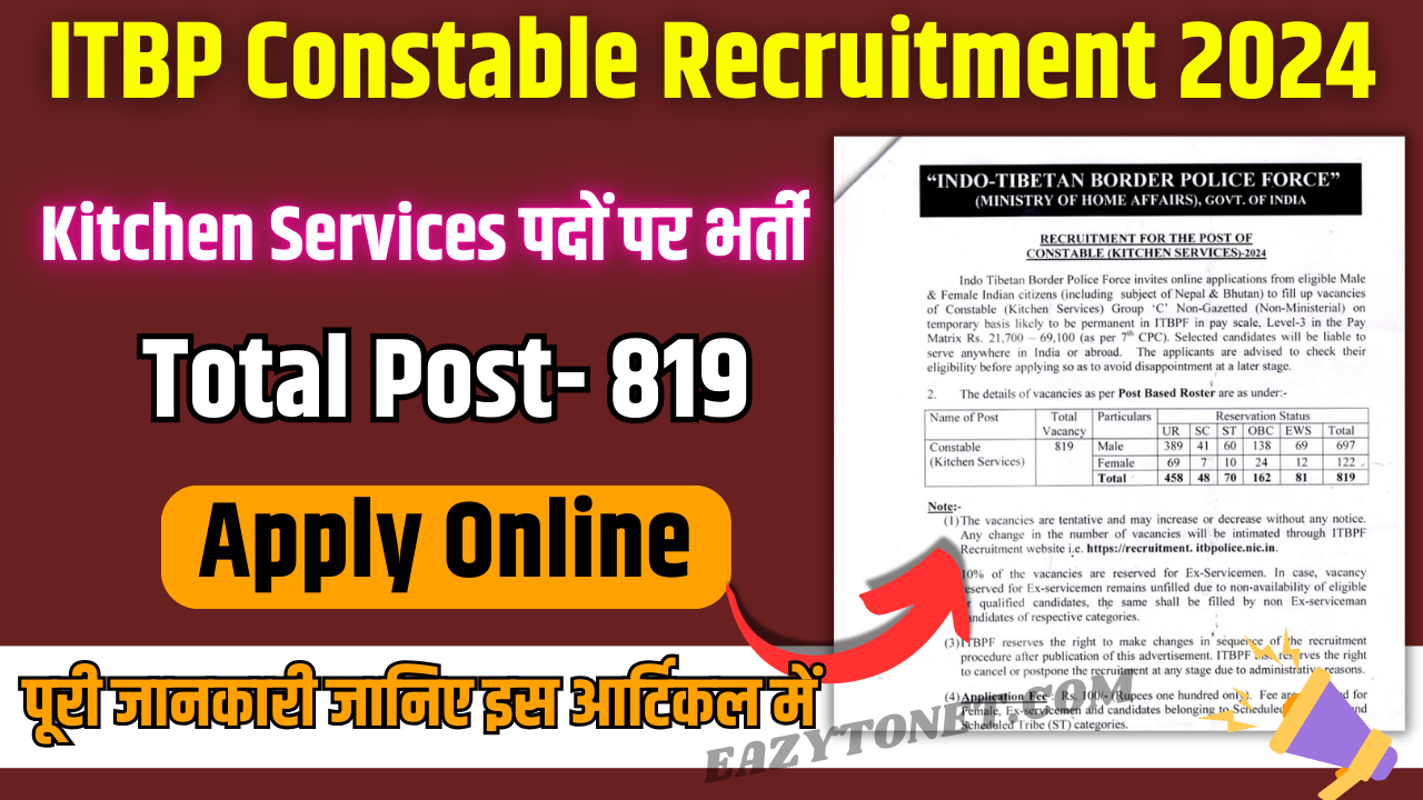 ITBP Constable Recruitment 2024: Apply Online for Kitchen Services 819 Post