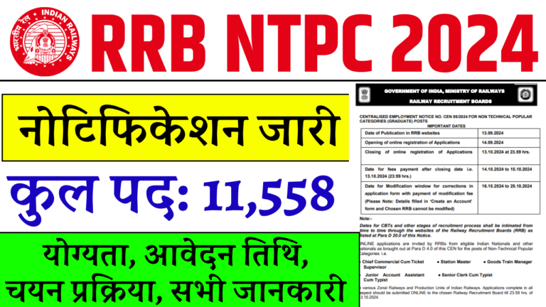 RRB NTPC 2024 Notification Out For 11558 Post, Apply Online