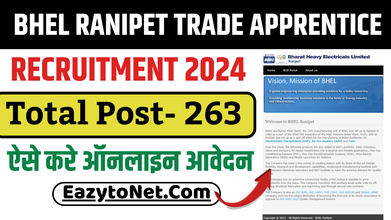 BHEL Ranipet Trade Apprentice Vacancy 2024: Apply Online For 263 Post