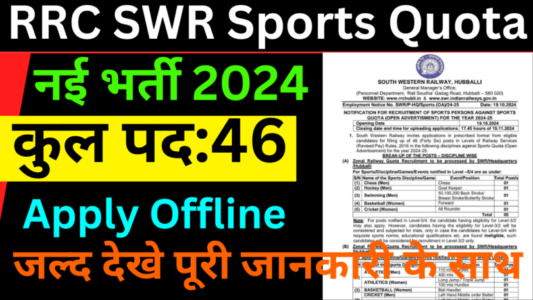 RRC SWR Sports Quota Recruitment 2024: Apply Offline For 46 Post