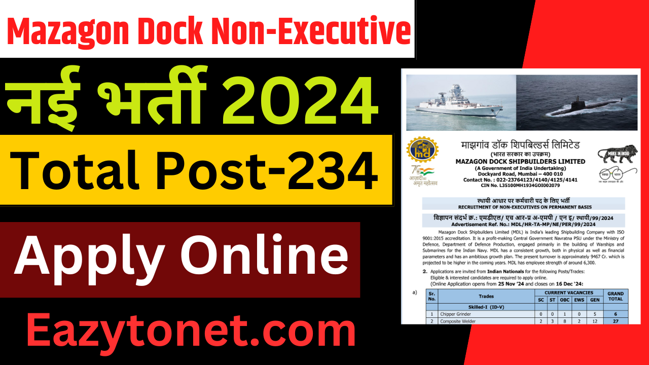 Mazagon Dock Non-Executive Recruitment 2024: Apply Online, For 234 Post 