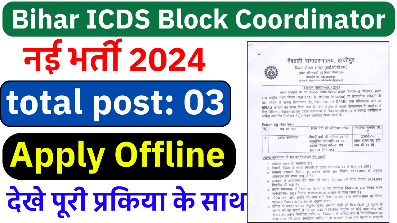 Bihar ICDS Block Coordinator Vacancy 2024: बिहार आंगनबाड़ी में ब्लॉक को ऑर्डिनेटर   के पदों पर भर्ती, जल्द देखे