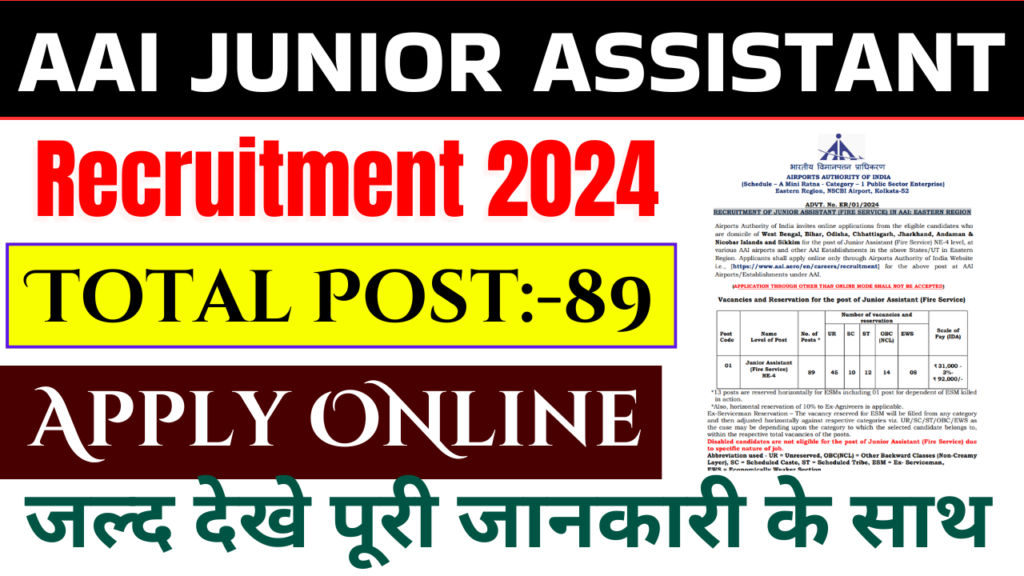 AAI Junior Assistant Recruitment 2024 Junior Assistant Fire Services क पद पर भरत जन