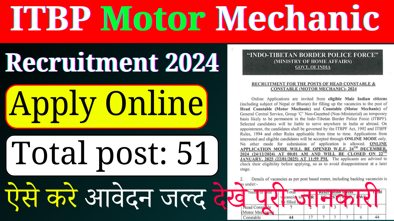 ITBP Motor Mechanic Recruitment 2024: Apply Online, For 51Post 