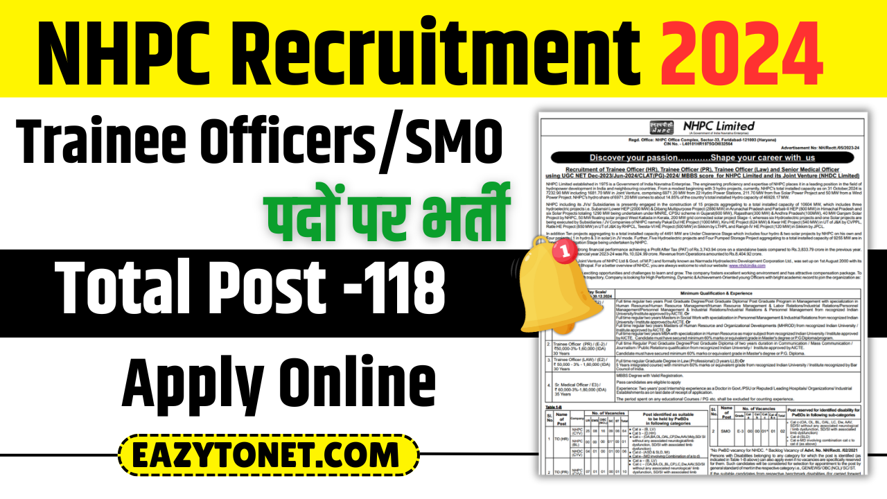 NHPC Recruitment 2024: Apply Online for 118 Trainee Officers/SMO Post