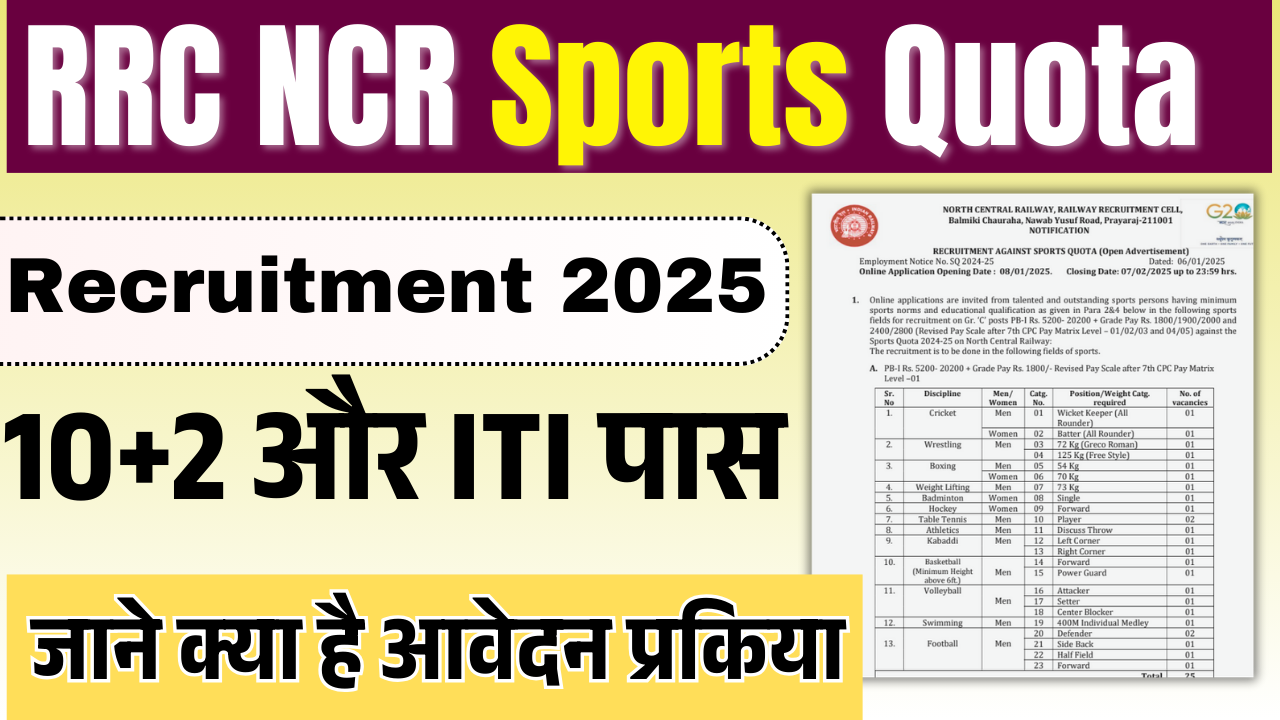 RRC NCR Sports Quota Recruitment 2025: 10वीं पास के लिए निकली ग्रुप C की नई भर्ती जानें पूरी जानकारी