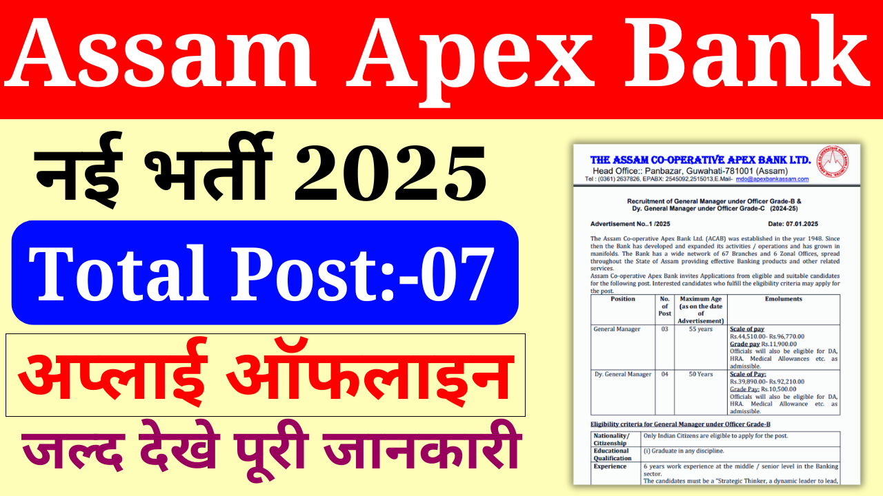 Assam Apex Bank Recruitment 2025: Apply Offline, For 07 Post 