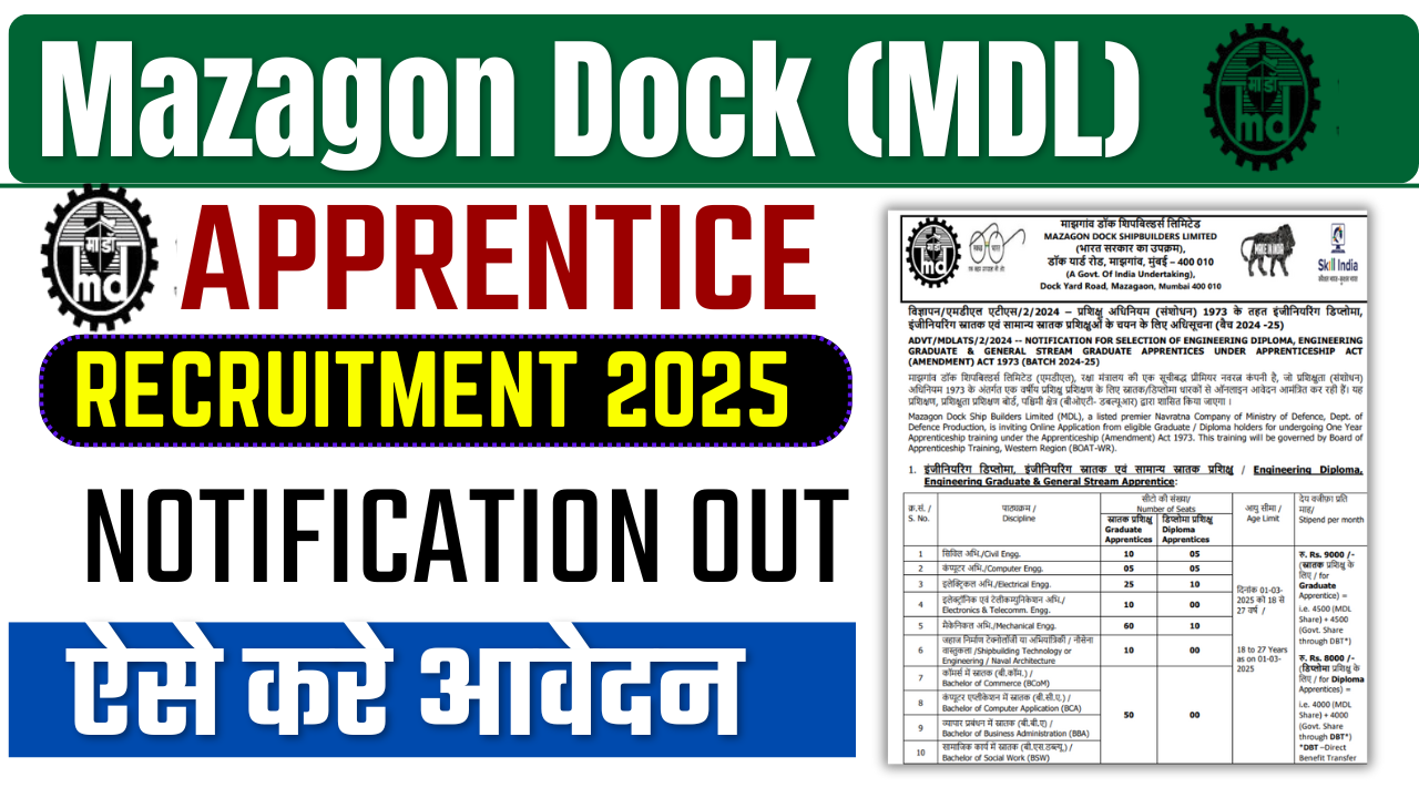 Mazagon Dock (MDL) Apprentice Recruitment 2025: माझगांव डॉक मे आई अप्रैंटिस की नई भर्ती जल्द देखे