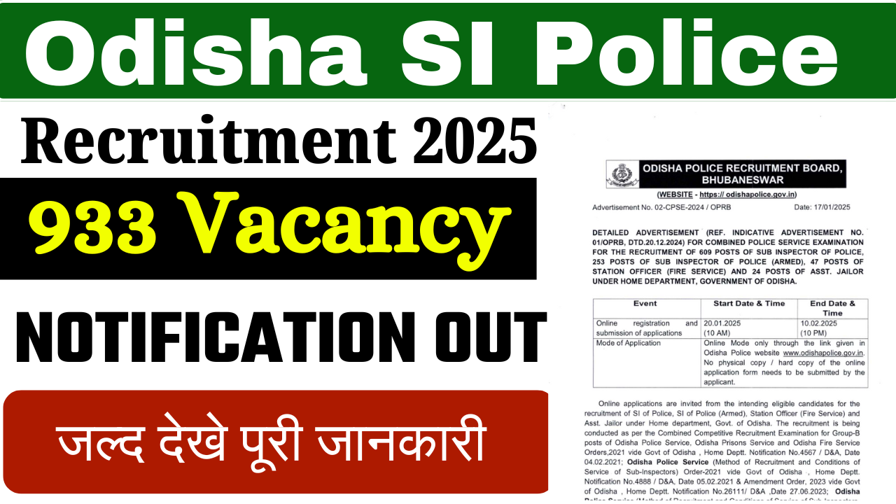 Odisha SI Police Recruitment 2025:Online Apply For 933 Post Notification 