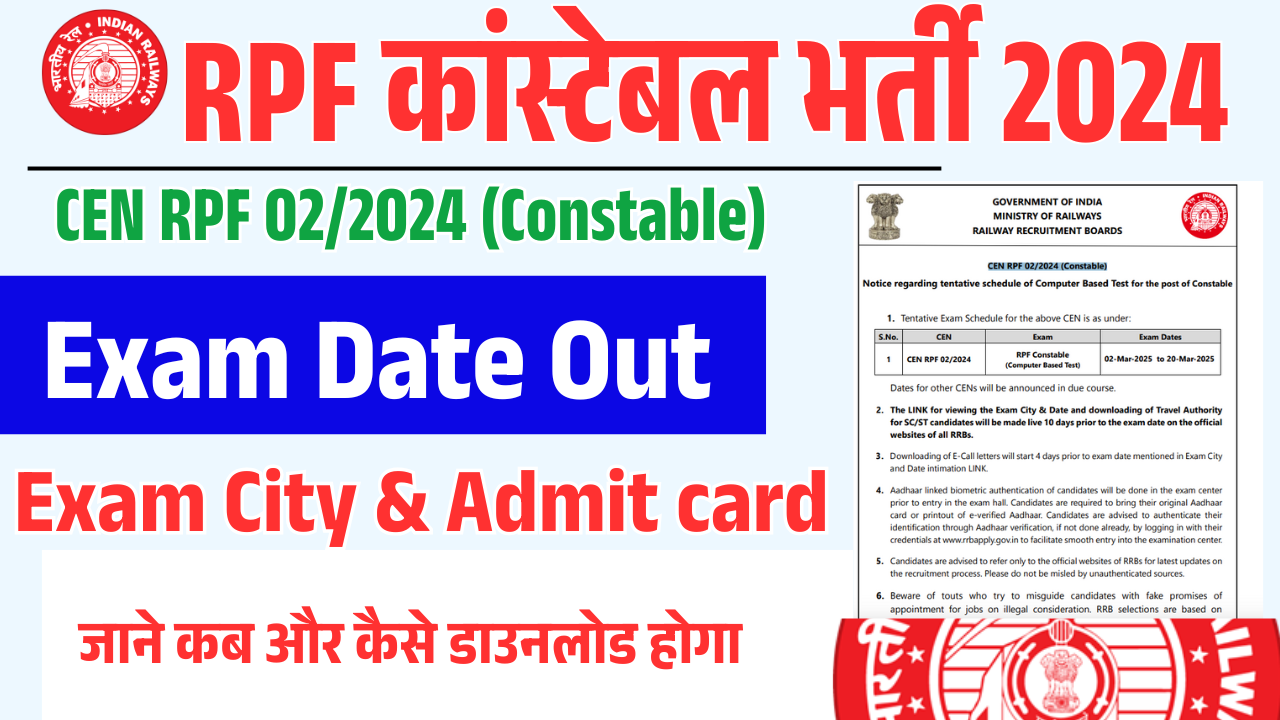 RPF Constable Exam Date 2025 Out: Admit Card & Exam City Date (4208 Posts)