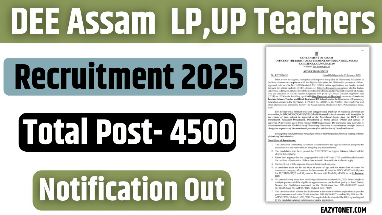 DEE Assam Teachers Recruitment 2025: Apply Online, for 4500 Notification Out