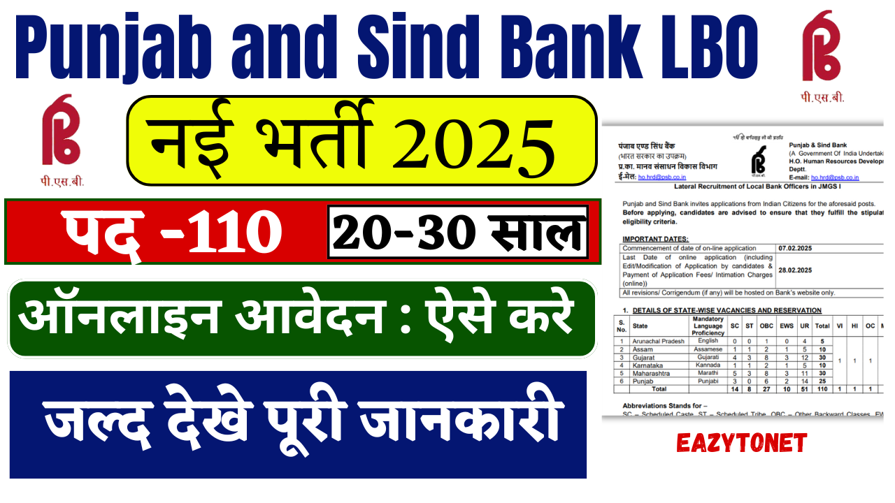 Punjab and Sind Bank LBO Recruitment 2025: Notification Out for 110 Vacancies