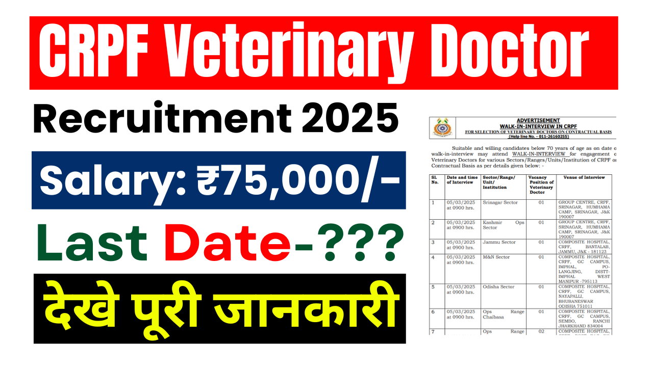 CRPF Veterinary Doctor Recruitment 2025: सीआरपीएफ में निकली पशु चिकित्सक की भर्ती, 75000 सैलरी, 