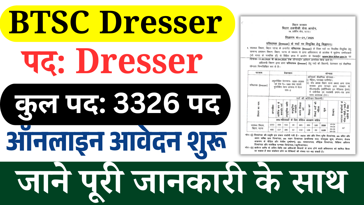 BTSC Dresser Vacancy 2025: BTSC ड्रेसर भर्ती 2025, Apply Online For 3326 Posts